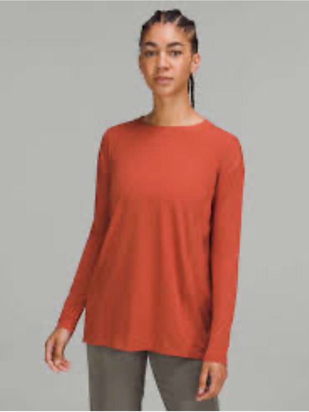 Lulu modal pleated Long Sleeve Crewneck Top in Rust